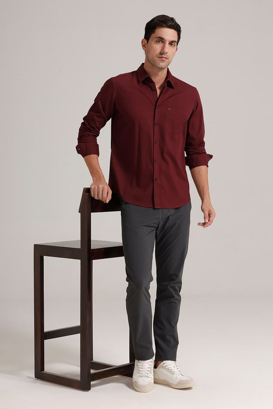 BASICS SLIM FIT ZINFANDEL MAROON COTTON CREPE SHIRT
