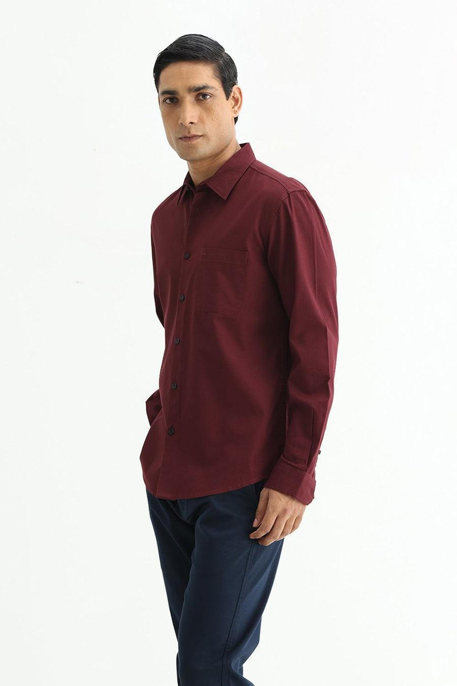 BASICS SLIM FIT ZINFANDEL MAROON COTTON CREPE SHIRT