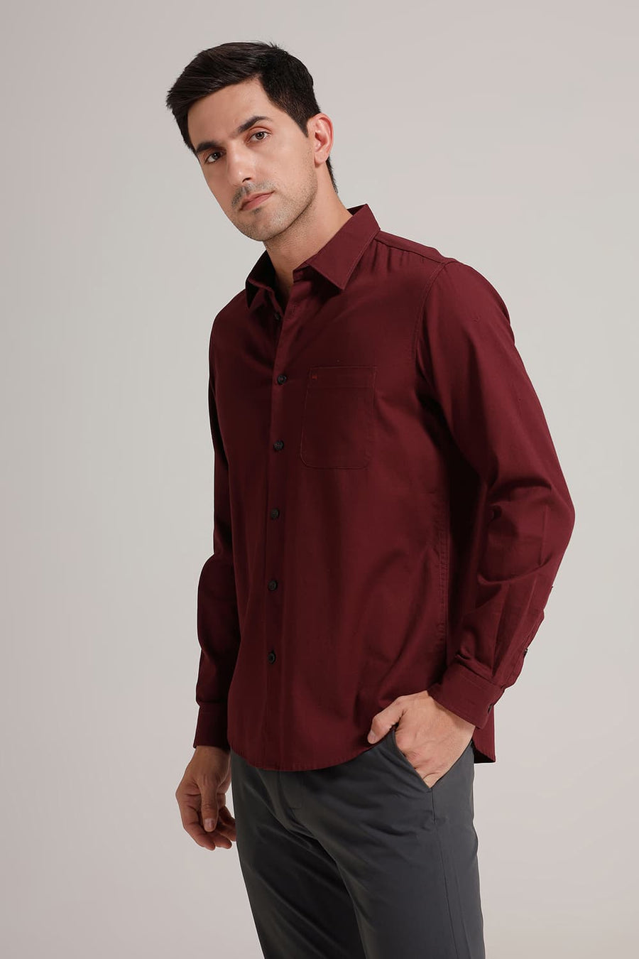 BASICS SLIM FIT ZINFANDEL MAROON COTTON CREPE SHIRT