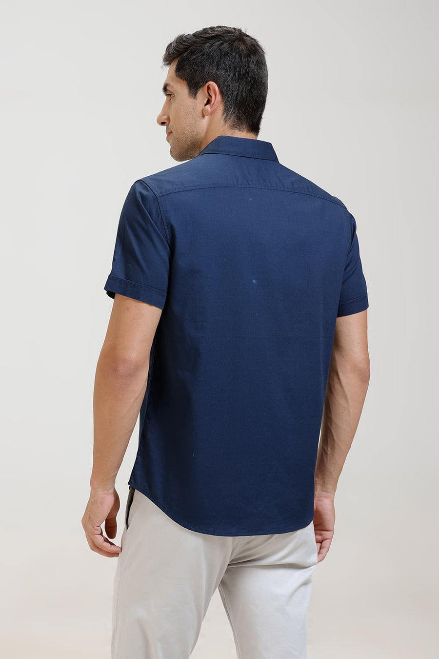 BASICS SLIM FIT MOONLIT NAVY COTTON CREPE HALFSLEEVES SHIRT