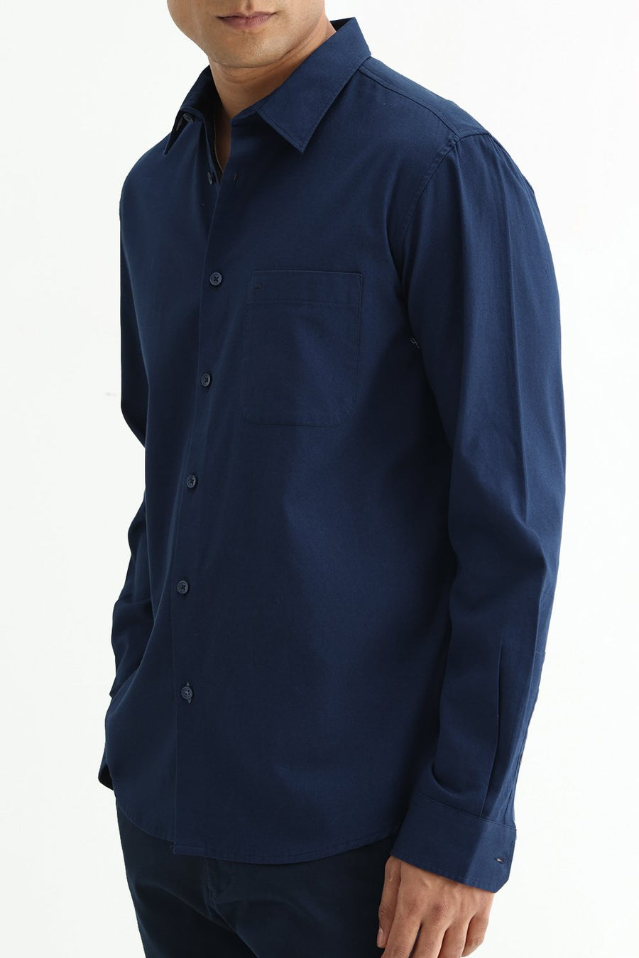 BASICS SLIM FIT MOONLIT NAVY COTTON CREPE SHIRT