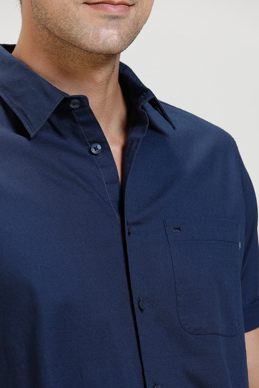 BASICS SLIM FIT MOONLIT NAVY COTTON CREPE HALFSLEEVES SHIRT