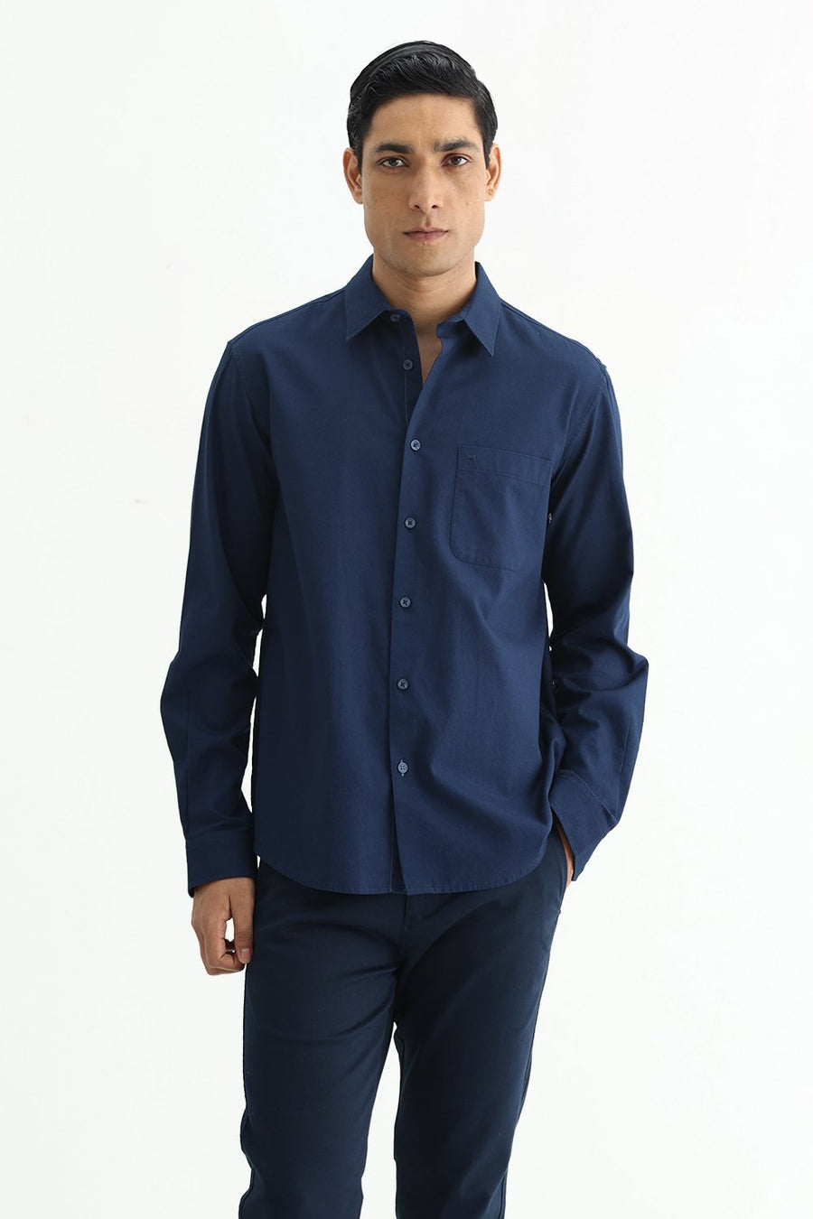BASICS SLIM FIT MOONLIT NAVY COTTON CREPE SHIRT