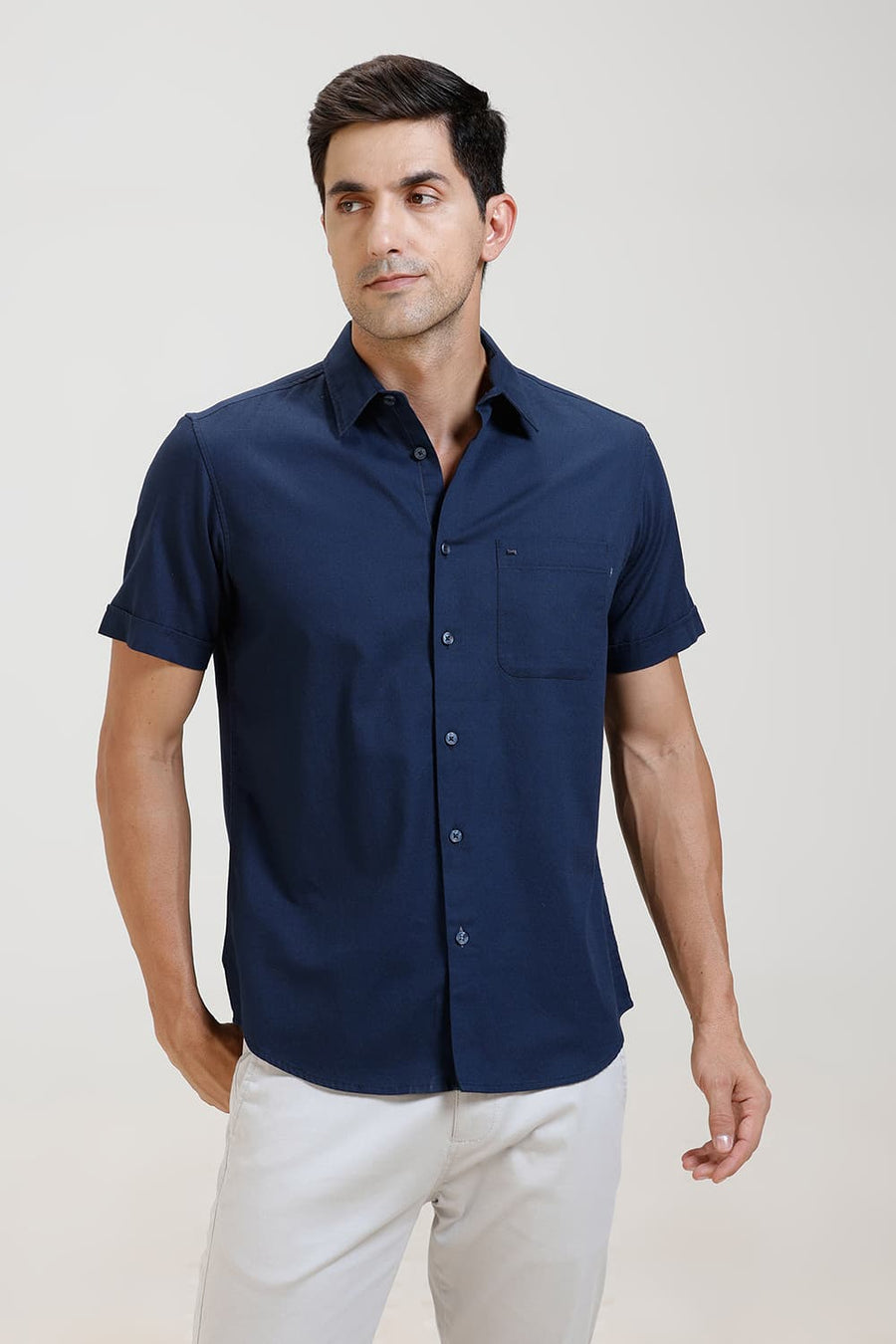 BASICS SLIM FIT MOONLIT NAVY COTTON CREPE HALFSLEEVES SHIRT