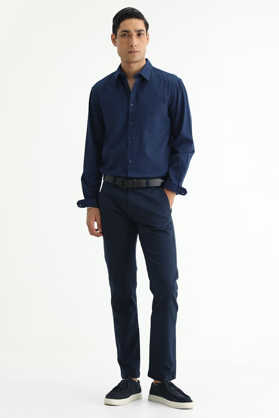 BASICS SLIM FIT MOONLIT NAVY COTTON CREPE SHIRT