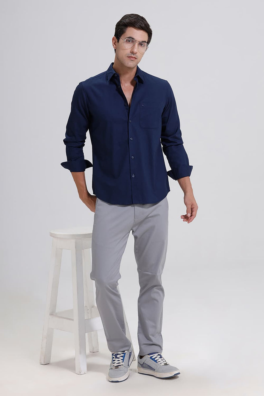 BASICS SLIM FIT MOONLIT NAVY COTTON CREPE SHIRT