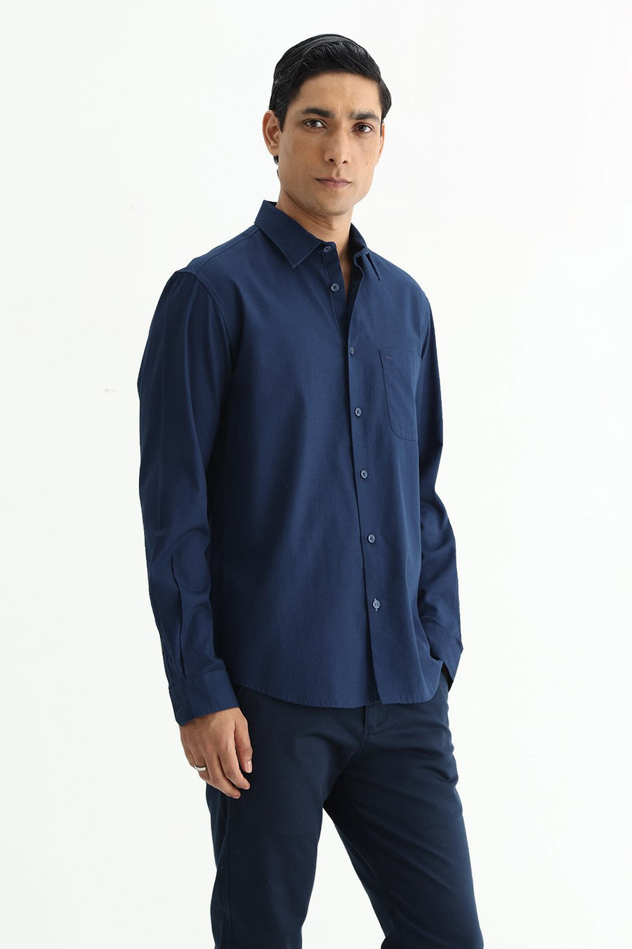 BASICS SLIM FIT MOONLIT NAVY COTTON CREPE SHIRT