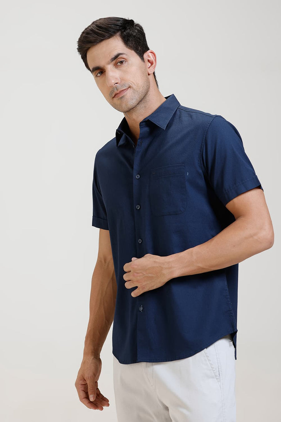 BASICS SLIM FIT MOONLIT NAVY COTTON CREPE HALFSLEEVES SHIRT