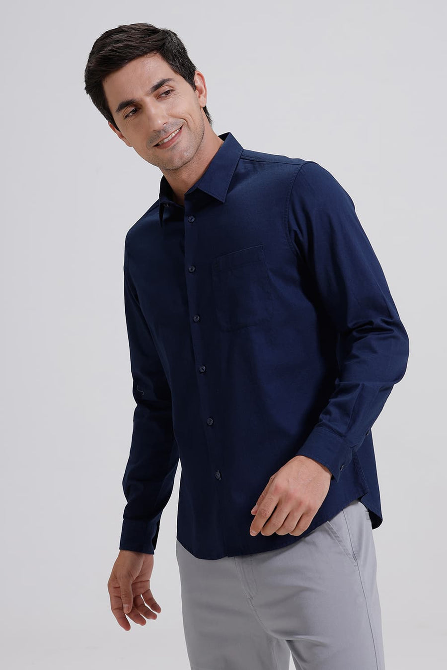 BASICS SLIM FIT MOONLIT NAVY COTTON CREPE SHIRT