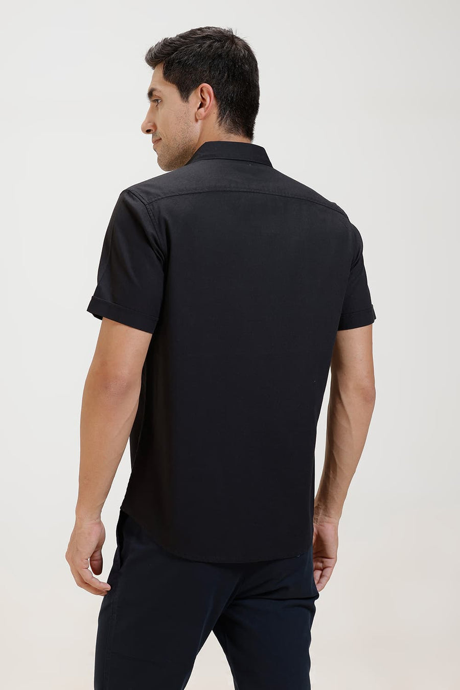 BASICS SLIM FIT PIRATE BLACK COTTON CREPE HALFSLEEVES SHIRT