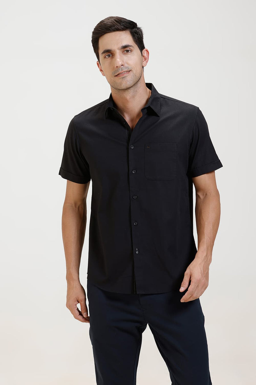 BASICS SLIM FIT PIRATE BLACK COTTON CREPE HALFSLEEVES SHIRT
