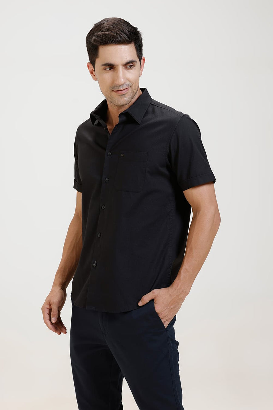 BASICS SLIM FIT PIRATE BLACK COTTON CREPE HALFSLEEVES SHIRT