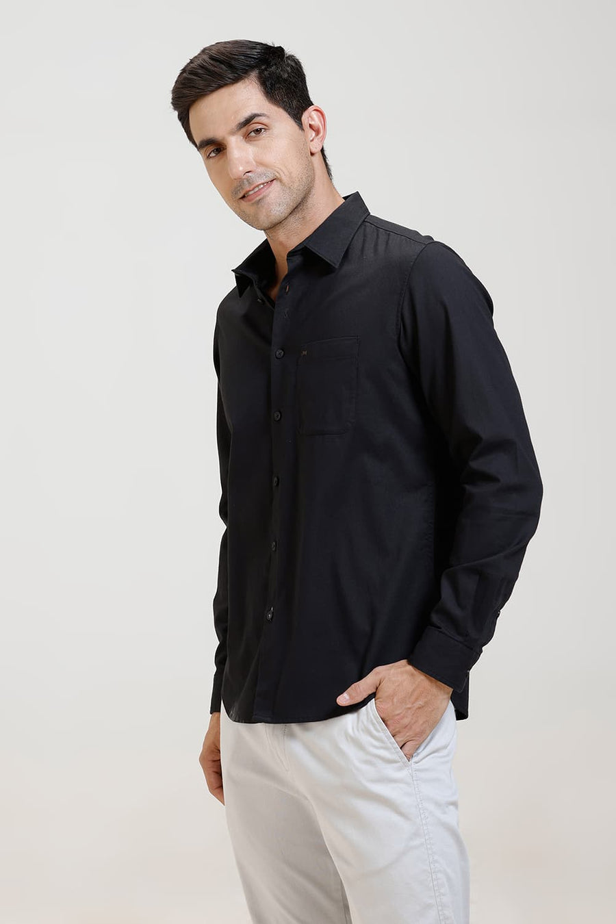BASICS SLIM FIT PIRATE BLACK COTTON CREPE SHIRT