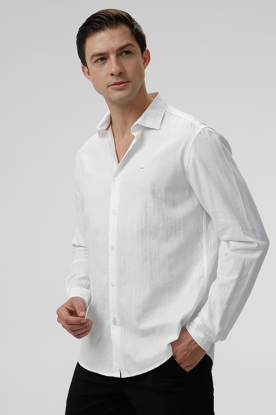BASICS SLIM FIT WHITE CLOUD COTTON SEERSUCKER DOBBY SHIRT