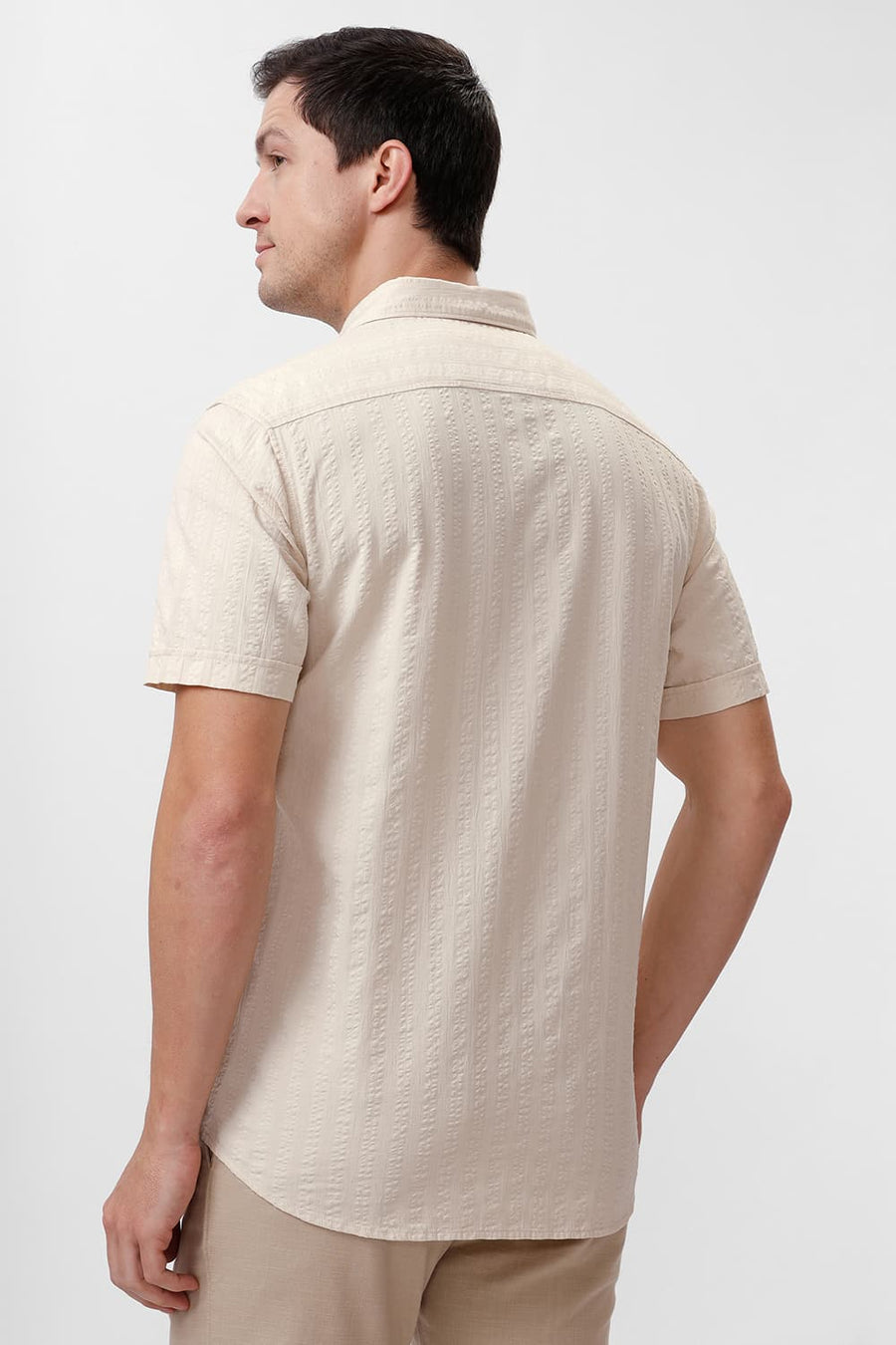 BASICS SLIM FIT ARCTIC BEIGE COTTON SEERSUCKER DOBBY HALFSLEEVES SHIRT