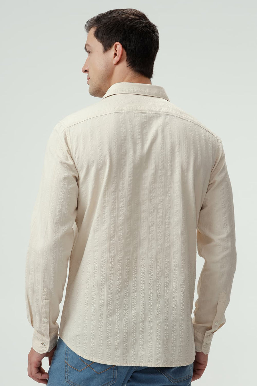BASICS SLIM FIT ARCTIC BEIGE COTTON SEERSUCKER DOBBY SHIRT
