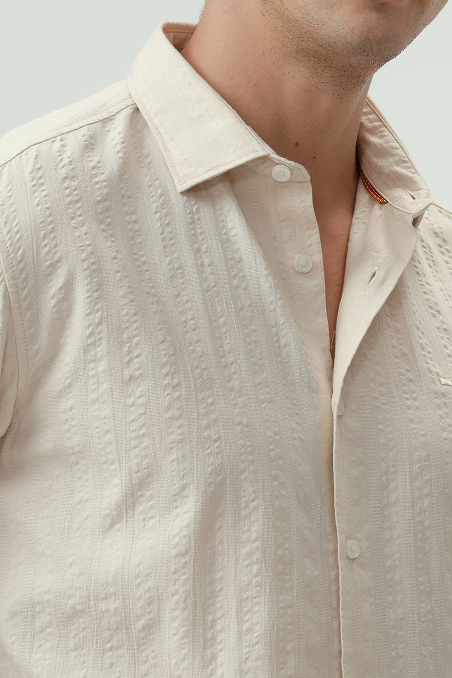 BASICS SLIM FIT ARCTIC BEIGE COTTON SEERSUCKER DOBBY SHIRT