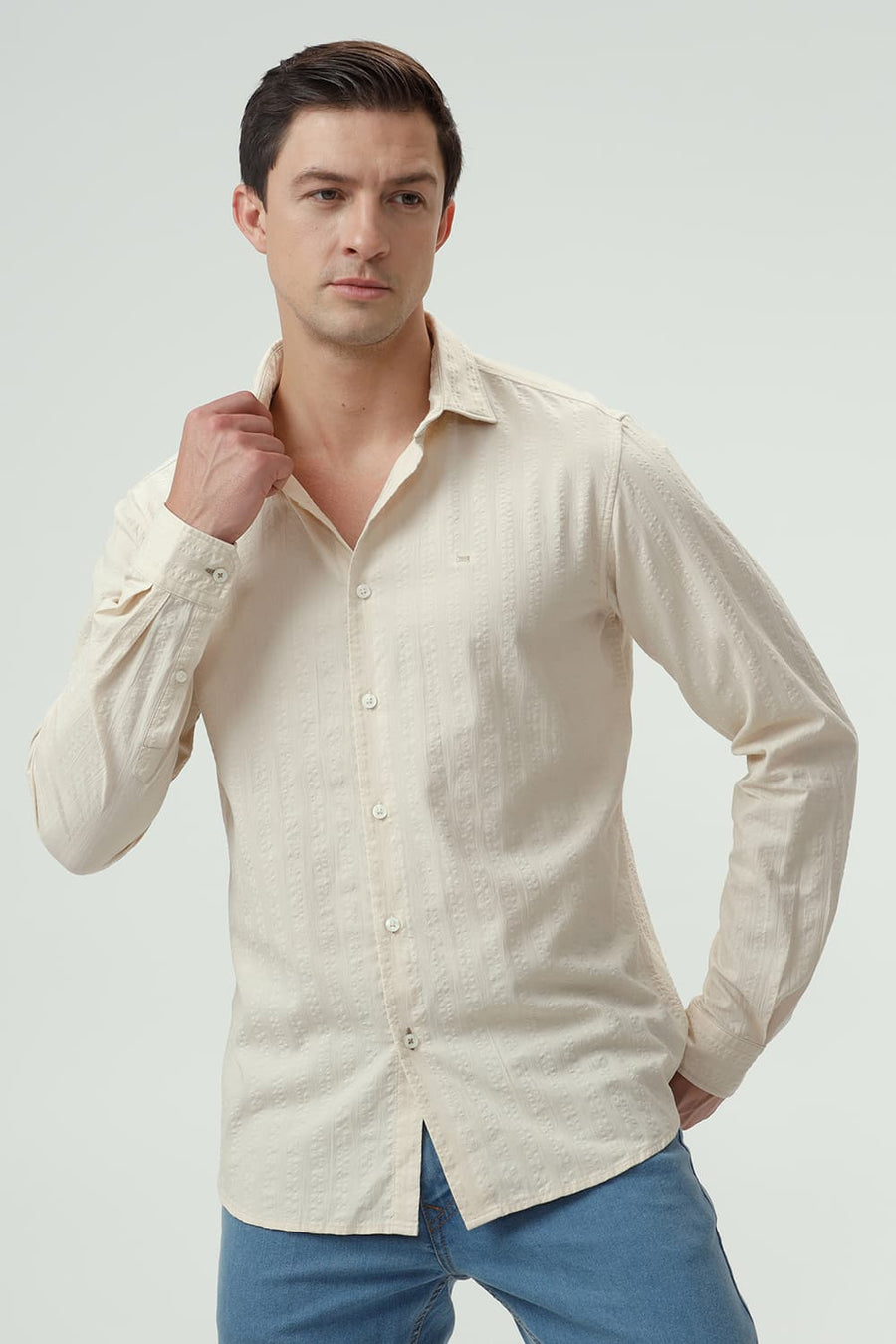 BASICS SLIM FIT ARCTIC BEIGE COTTON SEERSUCKER DOBBY SHIRT