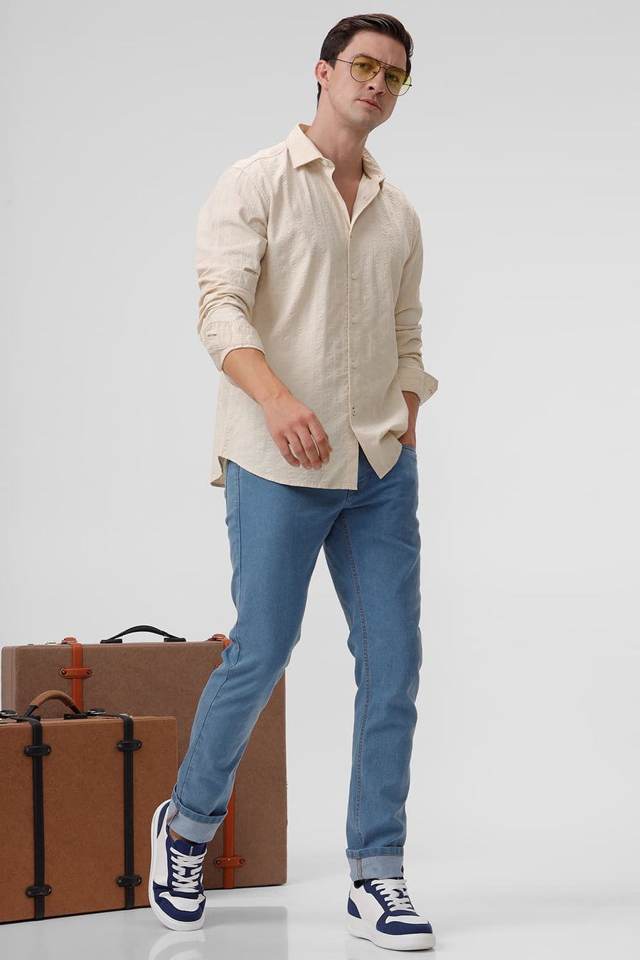 BASICS SLIM FIT ARCTIC BEIGE COTTON SEERSUCKER DOBBY SHIRT