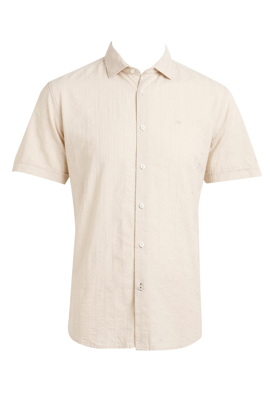 BASICS SLIM FIT ARCTIC BEIGE COTTON SEERSUCKER DOBBY HALFSLEEVES SHIRT