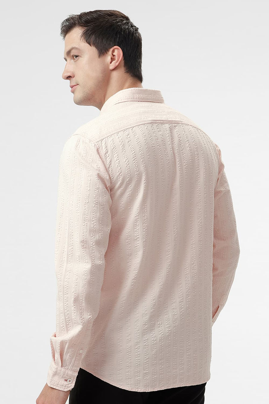 BASICS SLIM FIT PALE PEACH COTTON SEERSUCKER DOBBY SHIRT