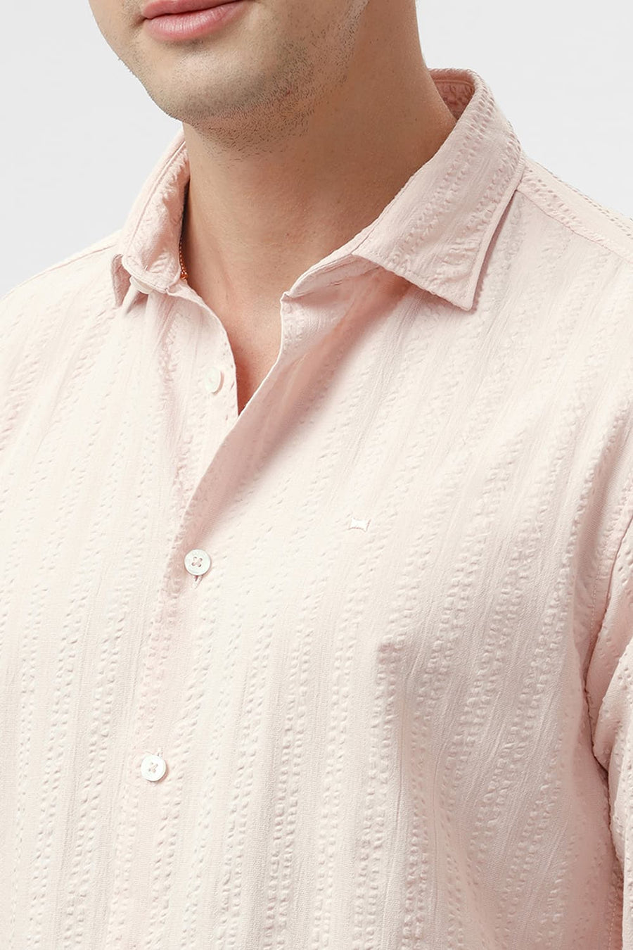 BASICS SLIM FIT PALE PEACH COTTON SEERSUCKER DOBBY SHIRT
