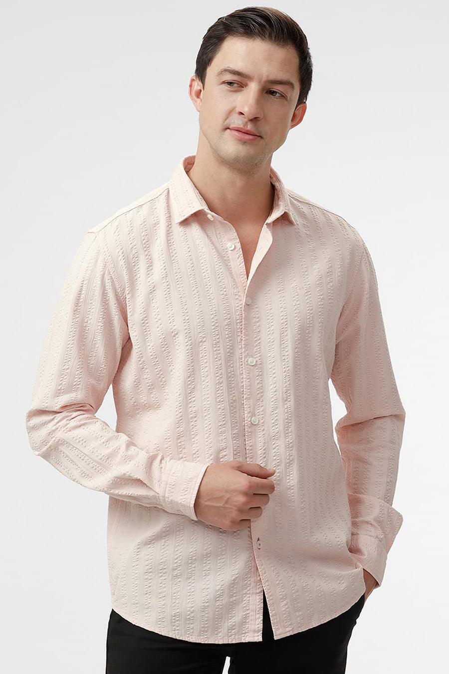 BASICS SLIM FIT PALE PEACH COTTON SEERSUCKER DOBBY SHIRT