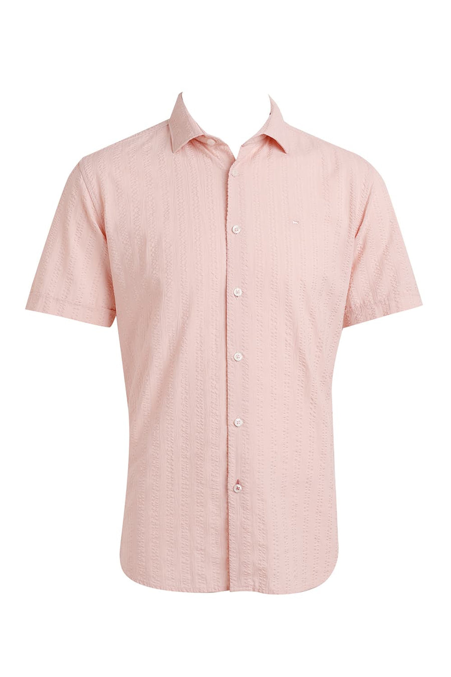 BASICS SLIM FIT PALE PEACH COTTON SEERSUCKER DOBBY HALFSLEEVES SHIRT