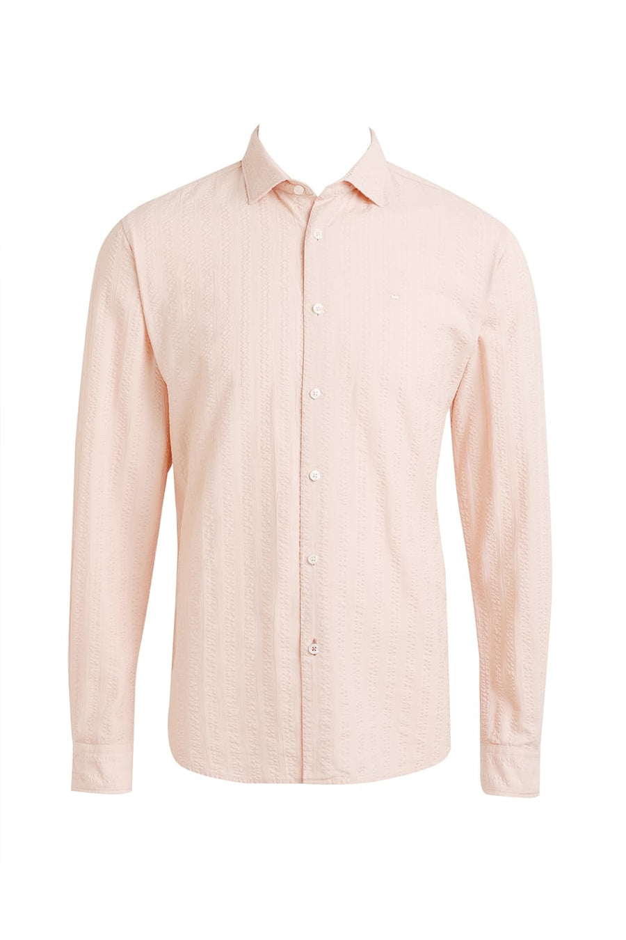 BASICS SLIM FIT PALE PEACH COTTON SEERSUCKER DOBBY SHIRT