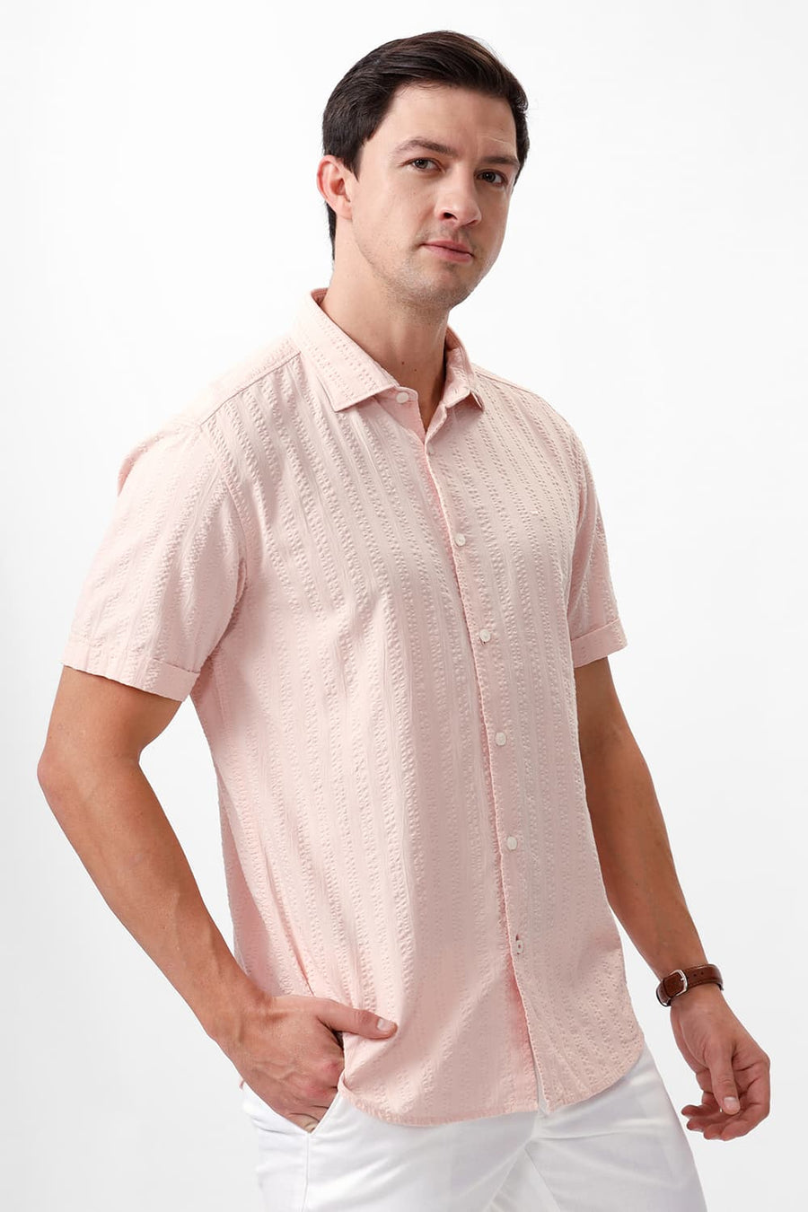 BASICS SLIM FIT PALE PEACH COTTON SEERSUCKER DOBBY HALFSLEEVES SHIRT