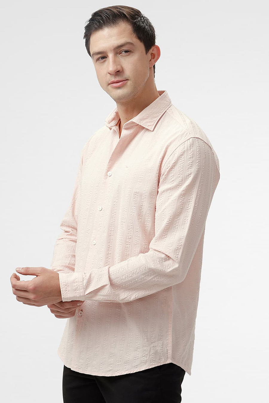 BASICS SLIM FIT PALE PEACH COTTON SEERSUCKER DOBBY SHIRT