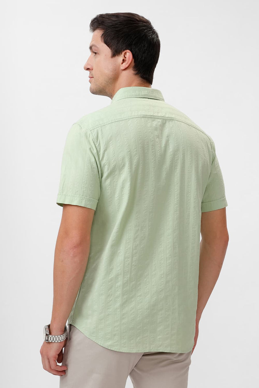 BASICS SLIM FIT FOAM GREEN COTTON SEERSUCKER DOBBY HALFSLEEVES SHIRT