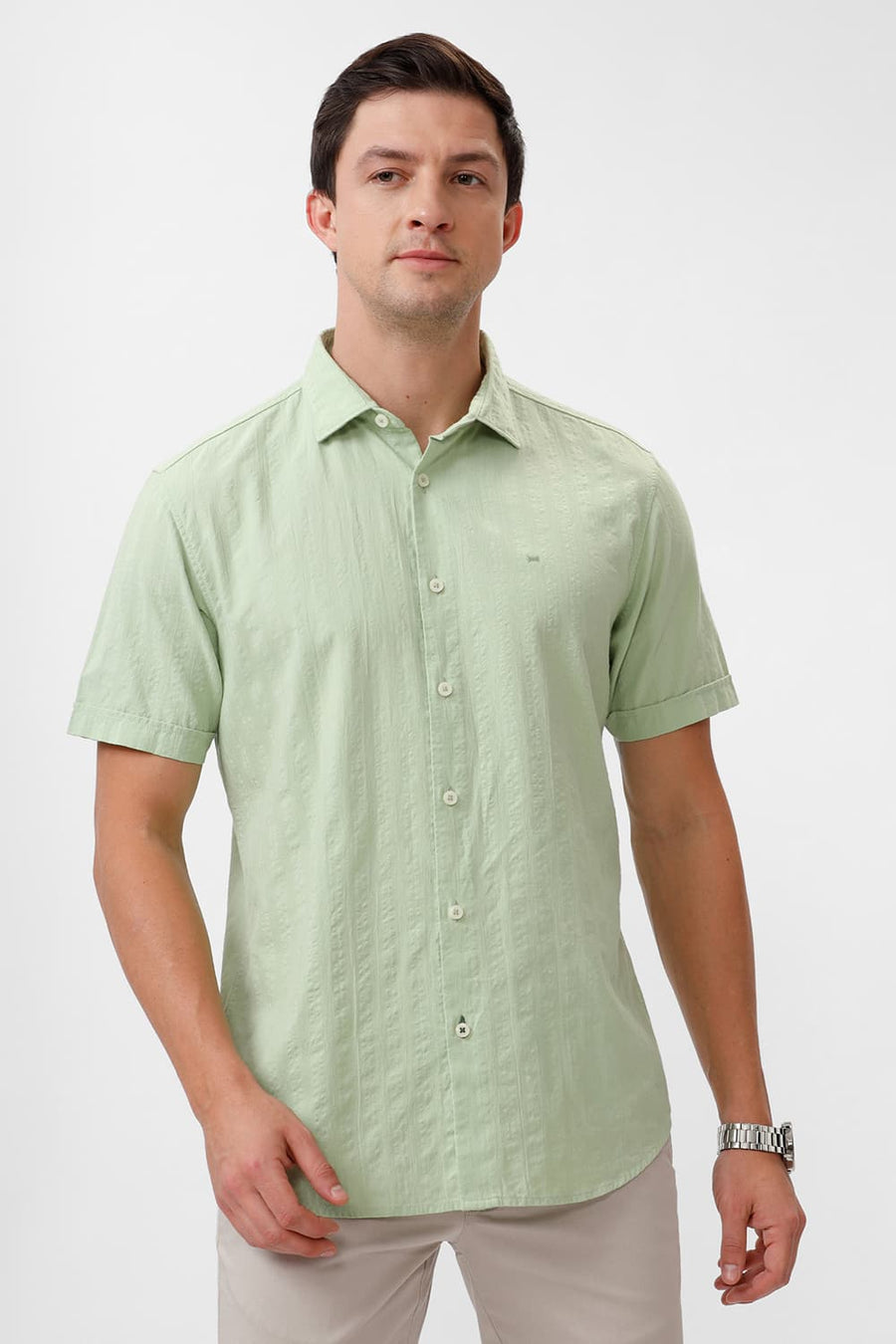 BASICS SLIM FIT FOAM GREEN COTTON SEERSUCKER DOBBY HALFSLEEVES SHIRT