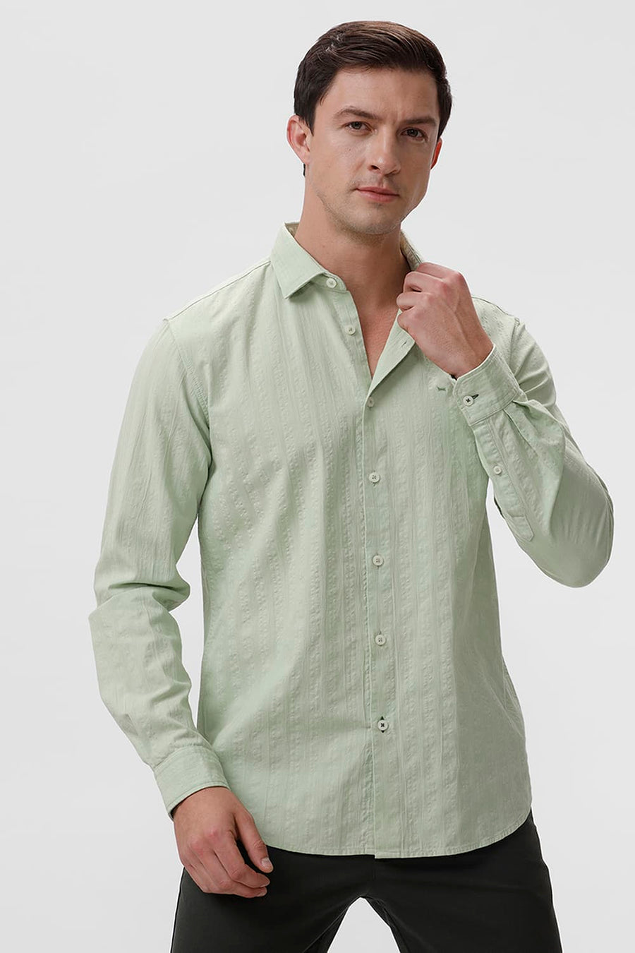 BASICS SLIM FIT FOAM GREEN COTTON SEERSUCKER DOBBY SHIRT