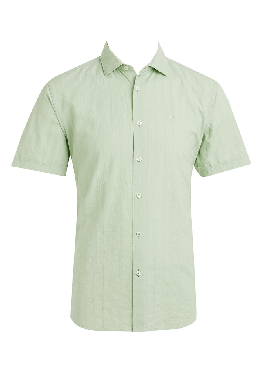 BASICS SLIM FIT FOAM GREEN COTTON SEERSUCKER DOBBY HALFSLEEVES SHIRT