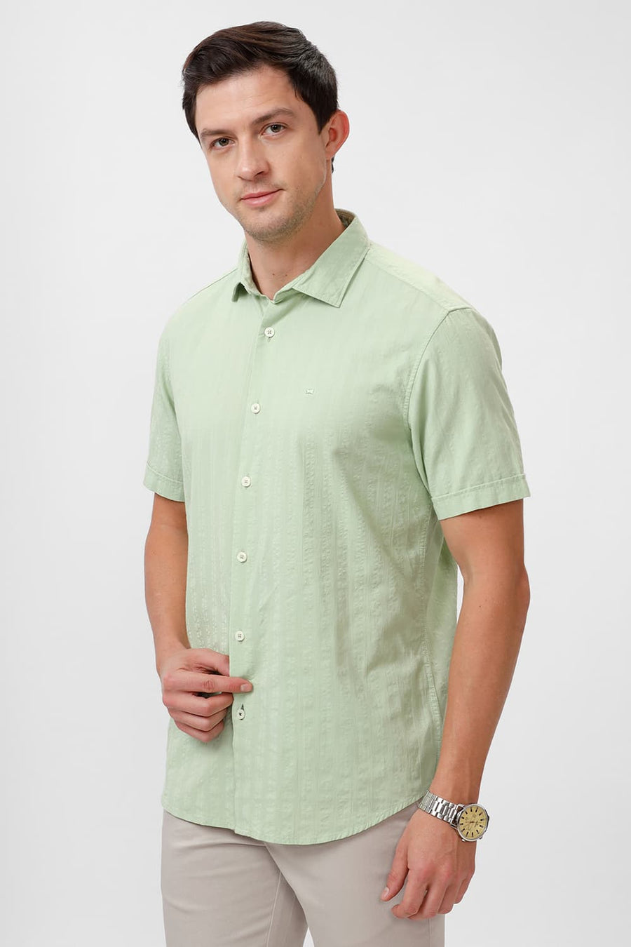 BASICS SLIM FIT FOAM GREEN COTTON SEERSUCKER DOBBY HALFSLEEVES SHIRT