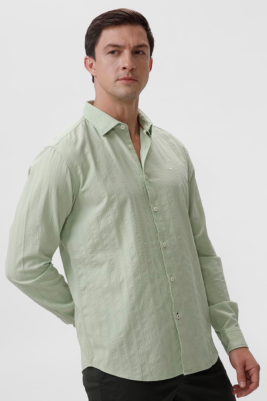 BASICS SLIM FIT FOAM GREEN COTTON SEERSUCKER DOBBY SHIRT