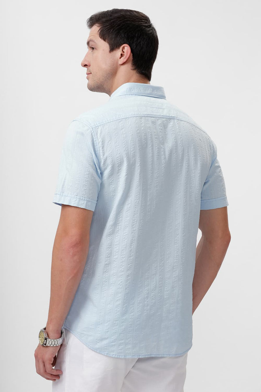 BASICS SLIM FIT DREAM BLUE COTTON SEERSUCKER DOBBY HALFSLEEVES SHIRT