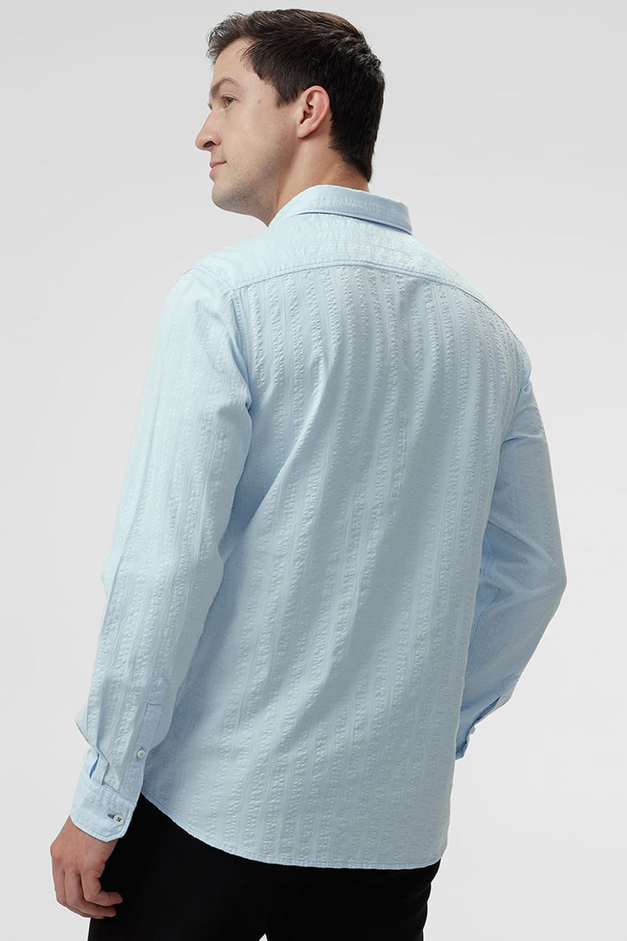 BASICS SLIM FIT DREAM BLUE COTTON SEERSUCKER DOBBY SHIRT