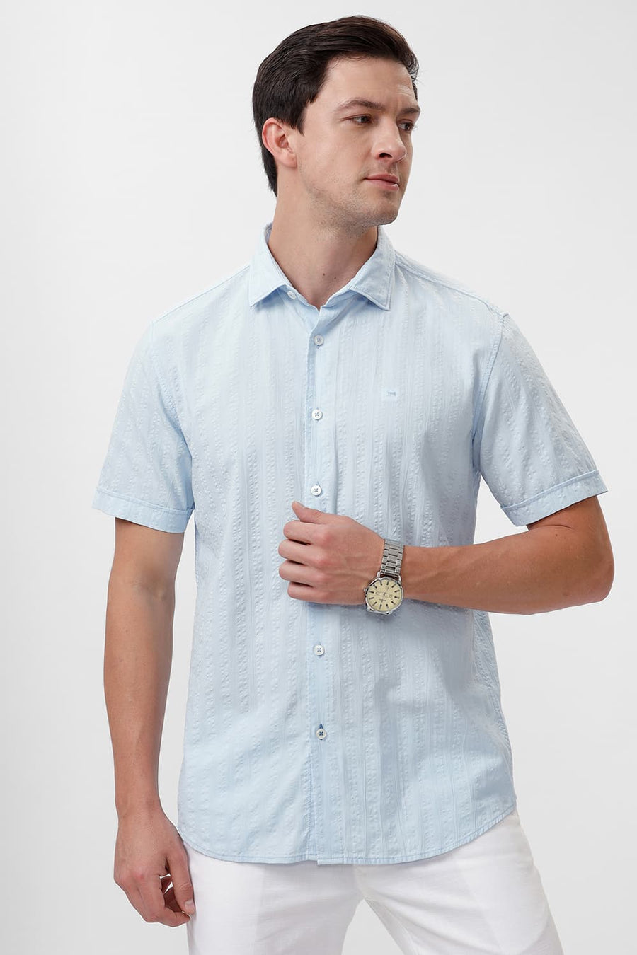 BASICS SLIM FIT DREAM BLUE COTTON SEERSUCKER DOBBY HALFSLEEVES SHIRT