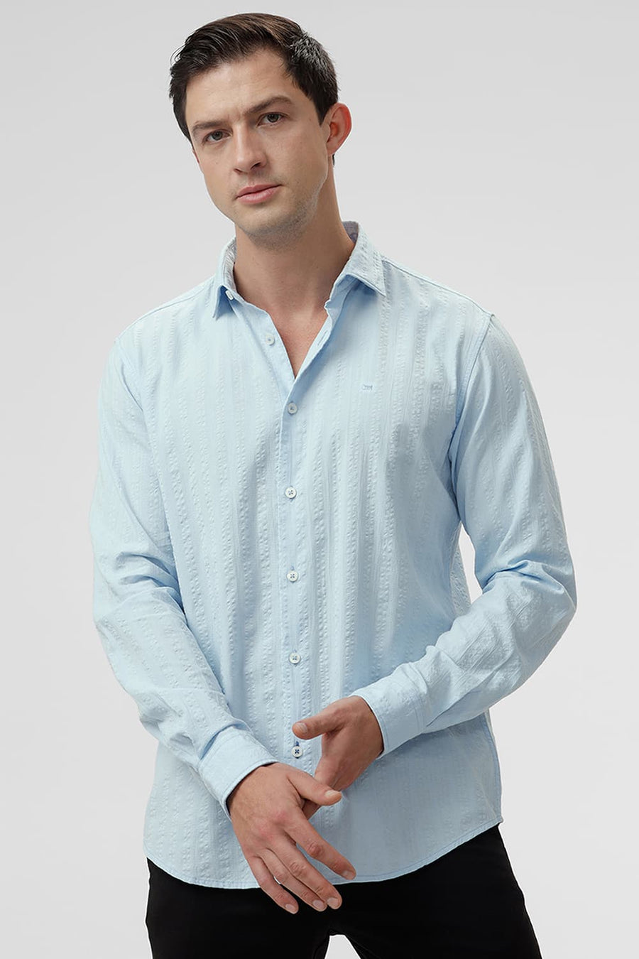 BASICS SLIM FIT DREAM BLUE COTTON SEERSUCKER DOBBY SHIRT
