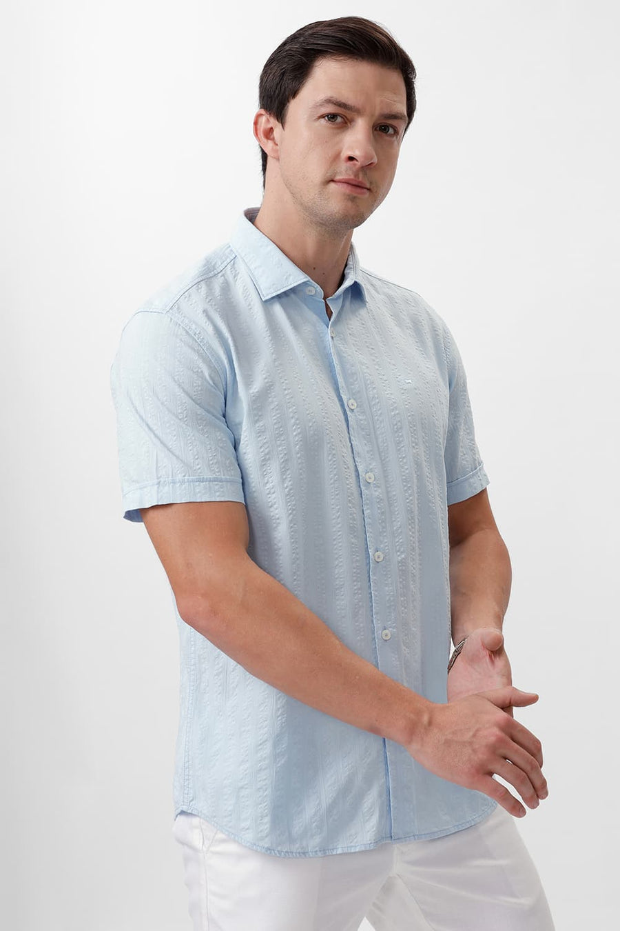 BASICS SLIM FIT DREAM BLUE COTTON SEERSUCKER DOBBY HALFSLEEVES SHIRT