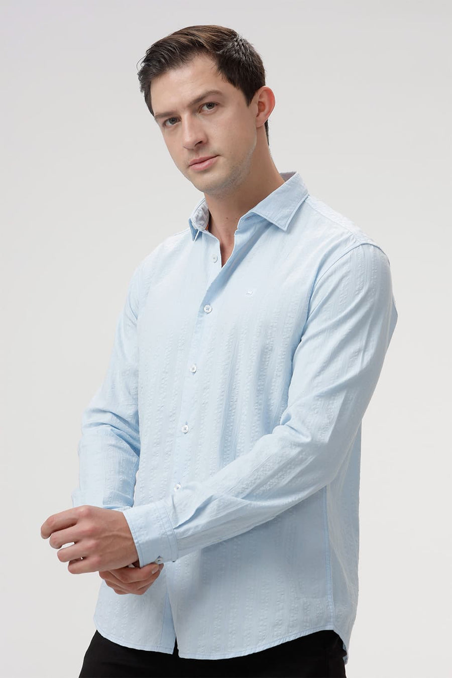 BASICS SLIM FIT DREAM BLUE COTTON SEERSUCKER DOBBY SHIRT