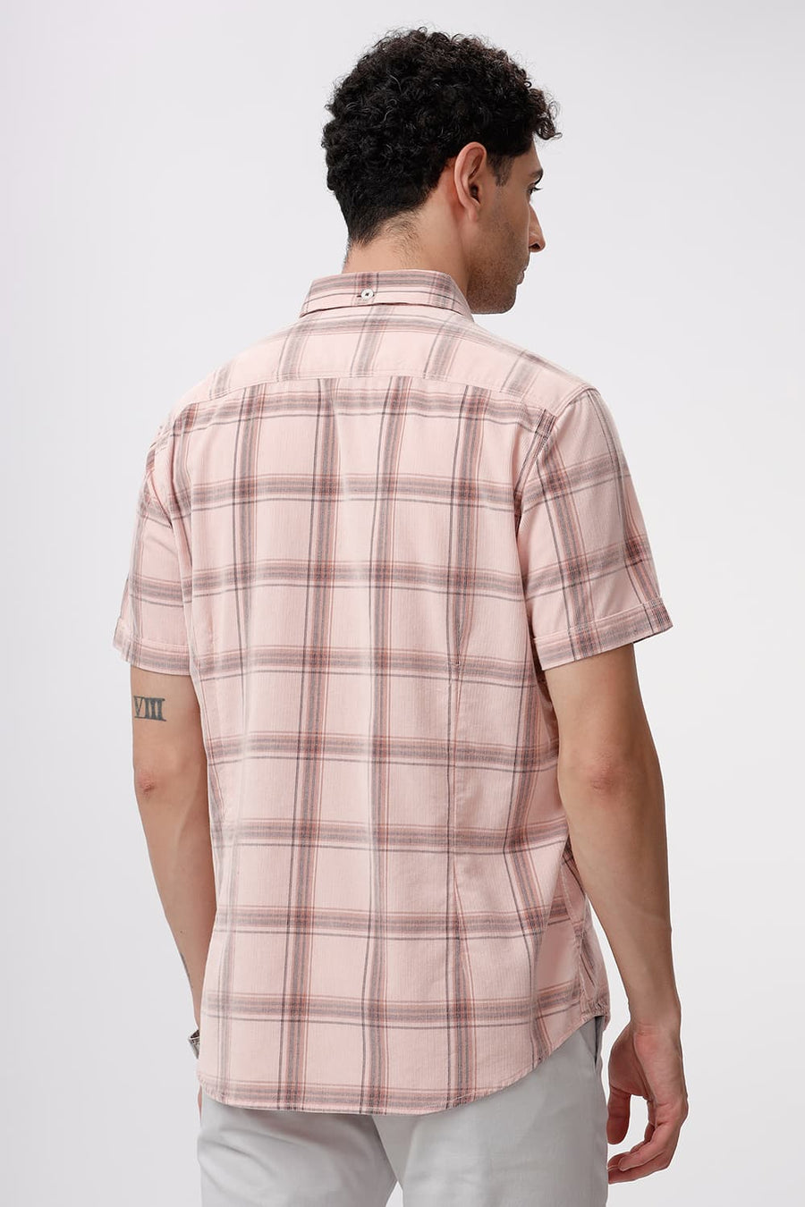 BASICS SLIM FIT CLOUD PINK COTTON CORDUROY CHECKS HALFSLEEVES SHIRT