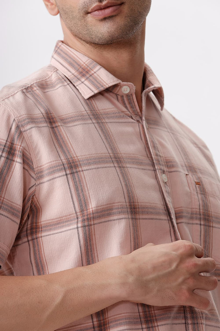 BASICS SLIM FIT CLOUD PINK COTTON CORDUROY CHECKS HALFSLEEVES SHIRT