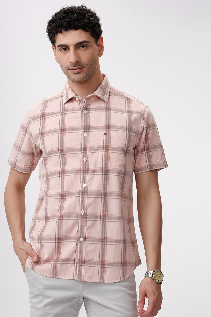 BASICS SLIM FIT CLOUD PINK COTTON CORDUROY CHECKS HALFSLEEVES SHIRT