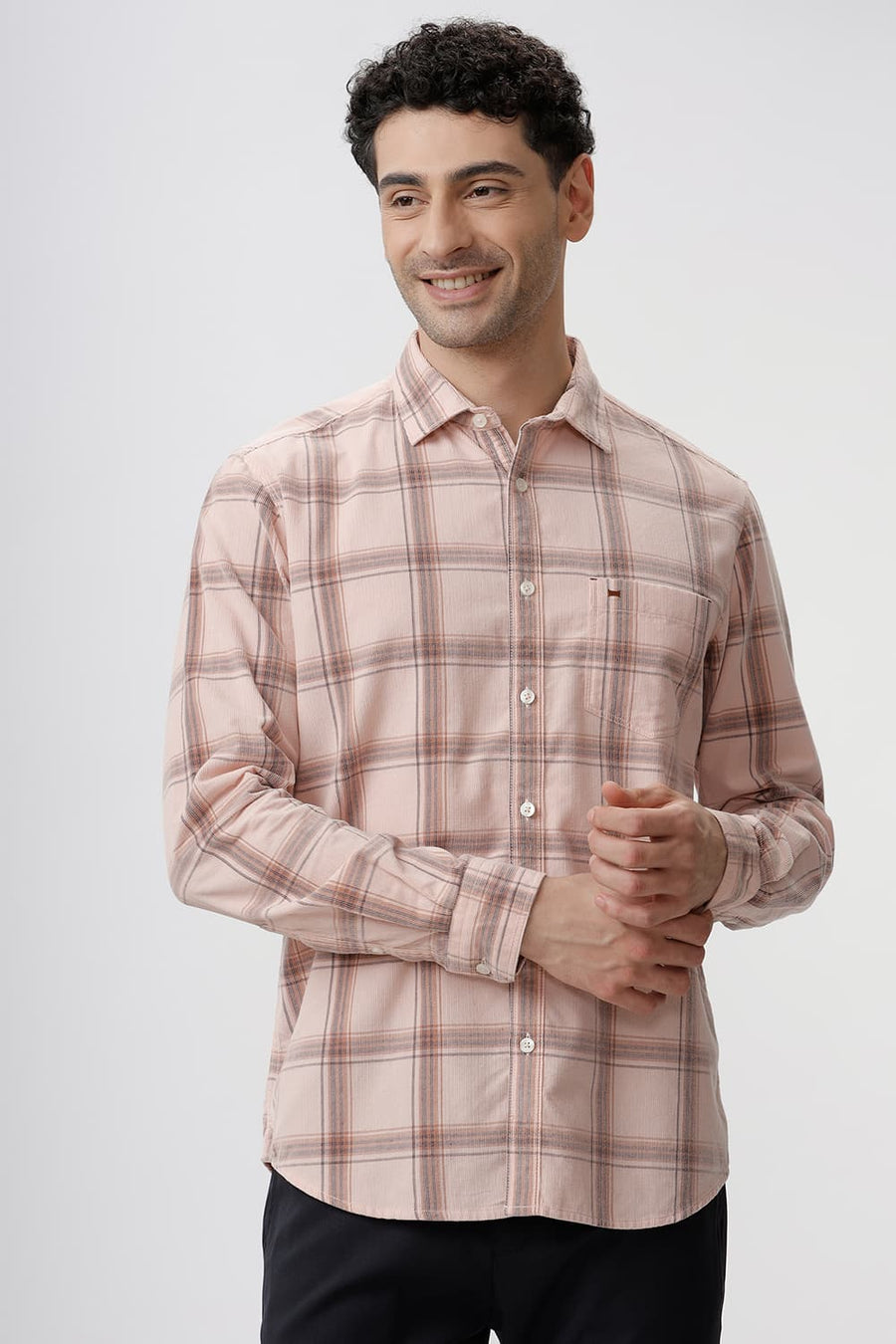 BASICS SLIM FIT CLOUD PINK COTTON CORDUROY CHECKS SHIRT