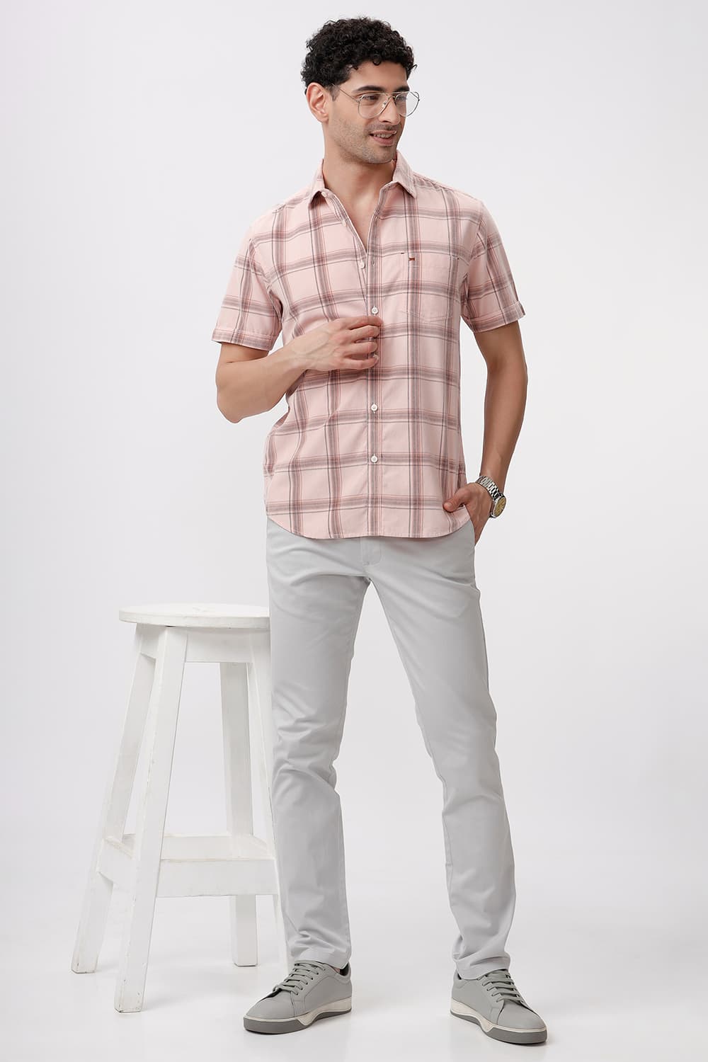 SLIM FIT COTTON CORDUROY CHECKS HALFSLEEVES SHIRT