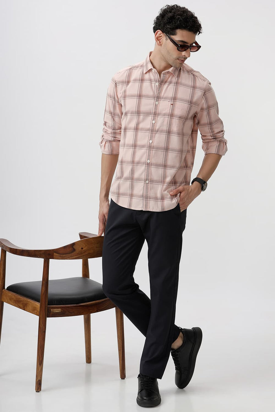 BASICS SLIM FIT CLOUD PINK COTTON CORDUROY CHECKS SHIRT