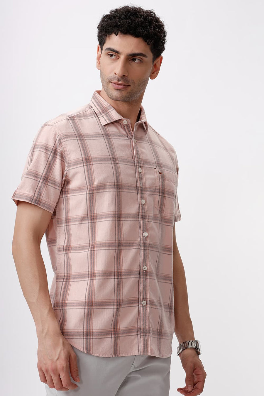 BASICS SLIM FIT CLOUD PINK COTTON CORDUROY CHECKS HALFSLEEVES SHIRT